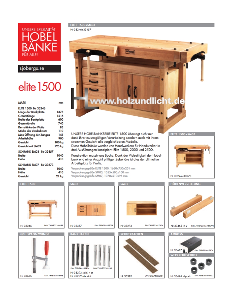 Onlineshop für Maschinen, Werkzeug, Holz- und Lichtwaren - Sjöbergs Profi Hobelbank  ELITE 1500